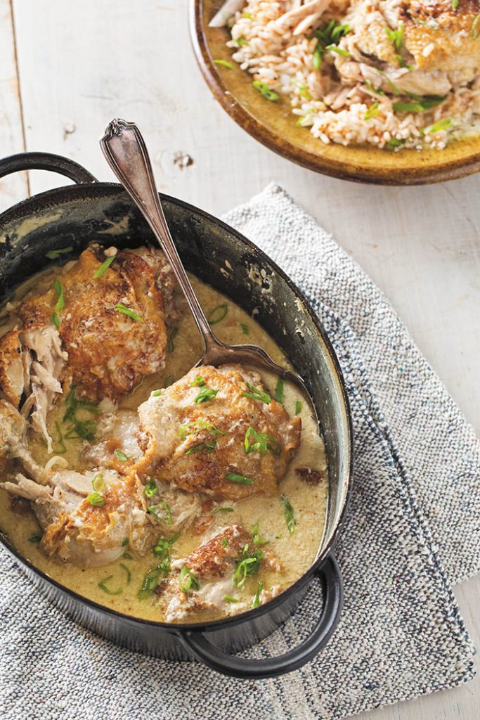 Milk-Braised Chicken Legs with Spiced Rice recipe by Matt Jennings_Photo by Galdones Photography 