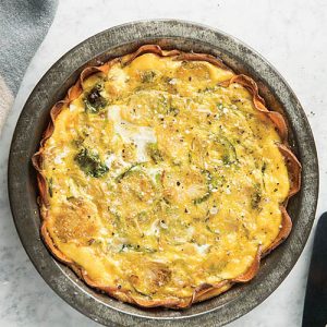 brussels sprout quiche with sweet potato crust Photograph copyright © 2018 by Evan Sung