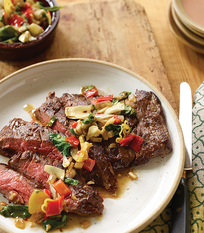 Searing Inspiration_Skirt Steaks With Artichoke Pickled Pepper Relish recipe